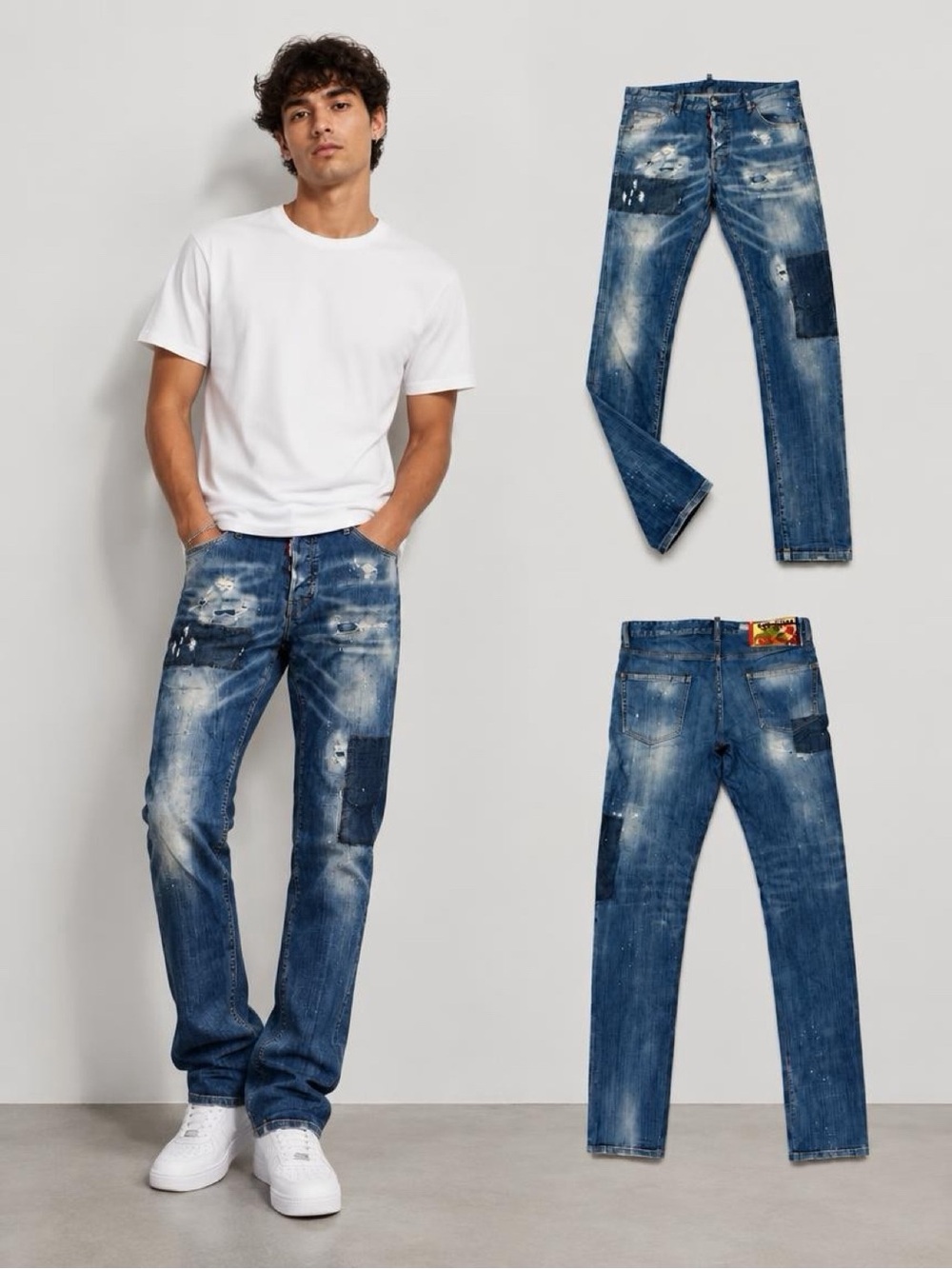 DSQUARED2 Men's Blue Distressed Straight Jeans with Dark Patchwork